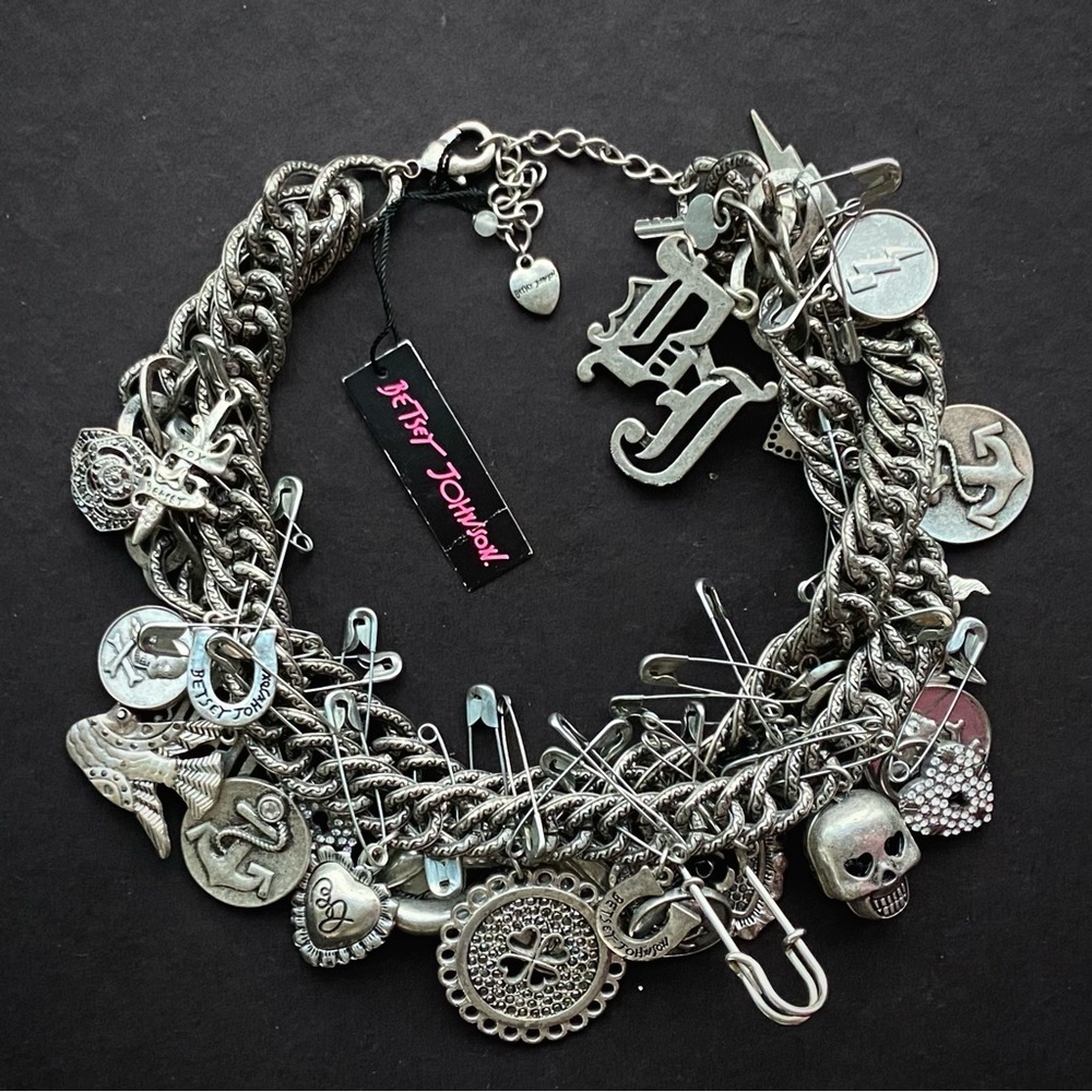 VINTAGE BETSEY JOHNSON Black Label Statement Charms Chain Necklace